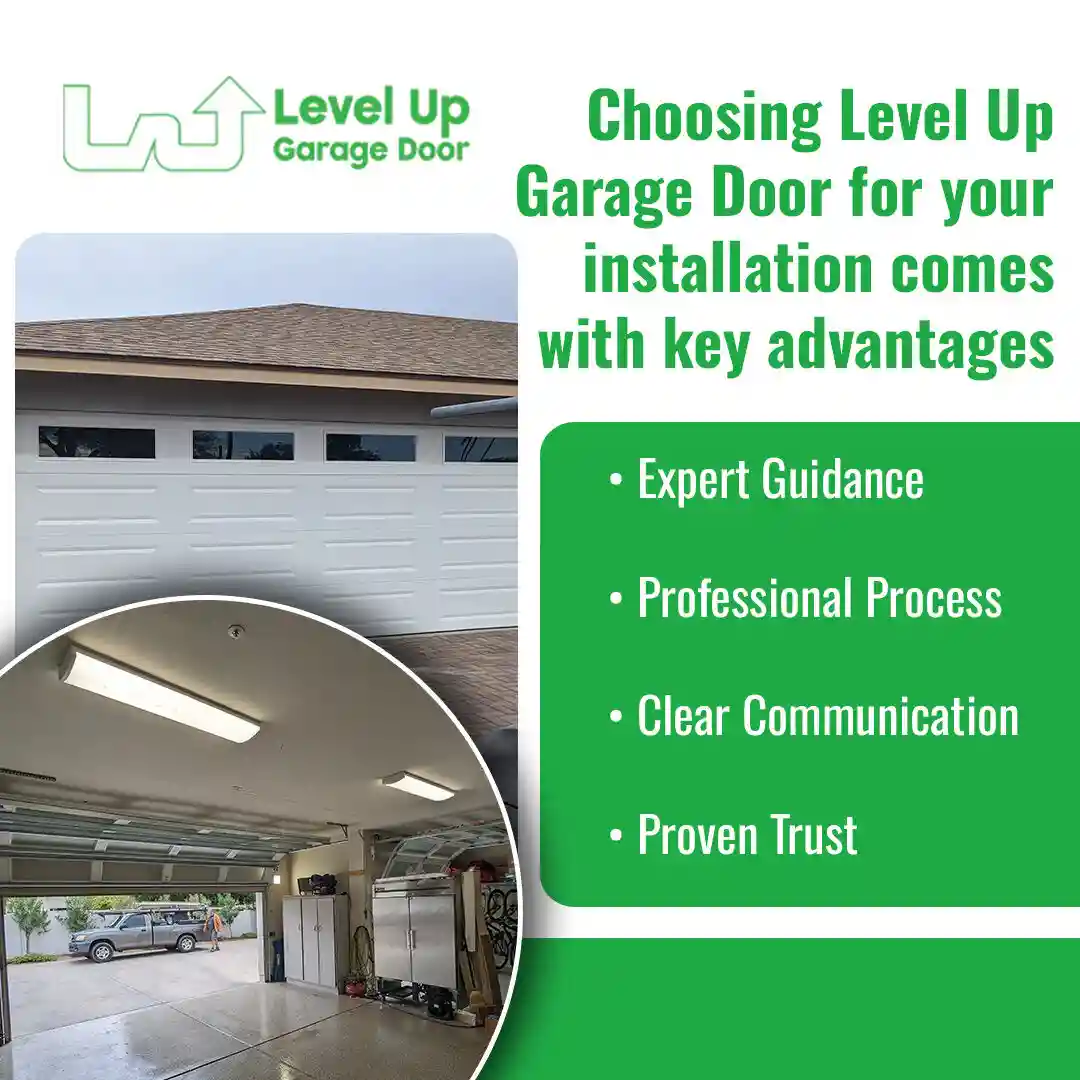 A split image showing the exterior and interior of a garage. The top section shows a white, horizontally paneled garage door installed on a house.